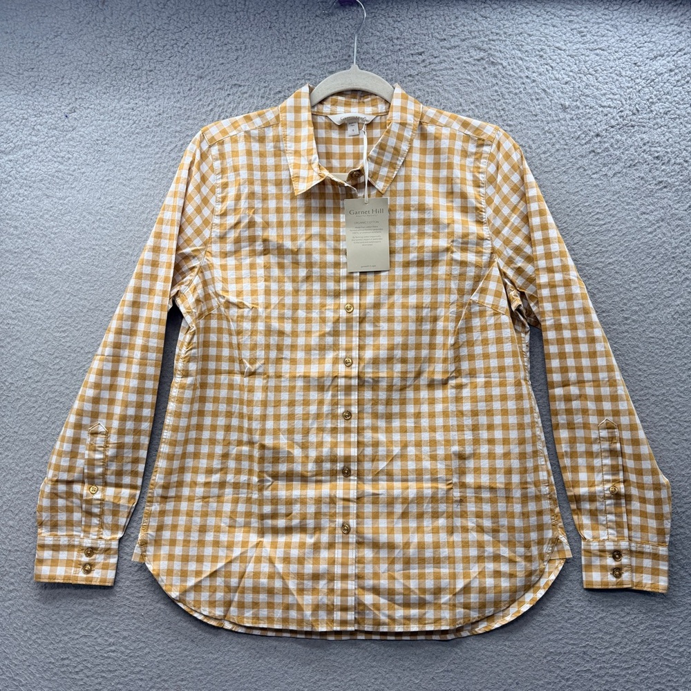 Garnet Hill Organic Pima Cotton Button Up Shirt Top Mustard Gold Gingham Size 6
